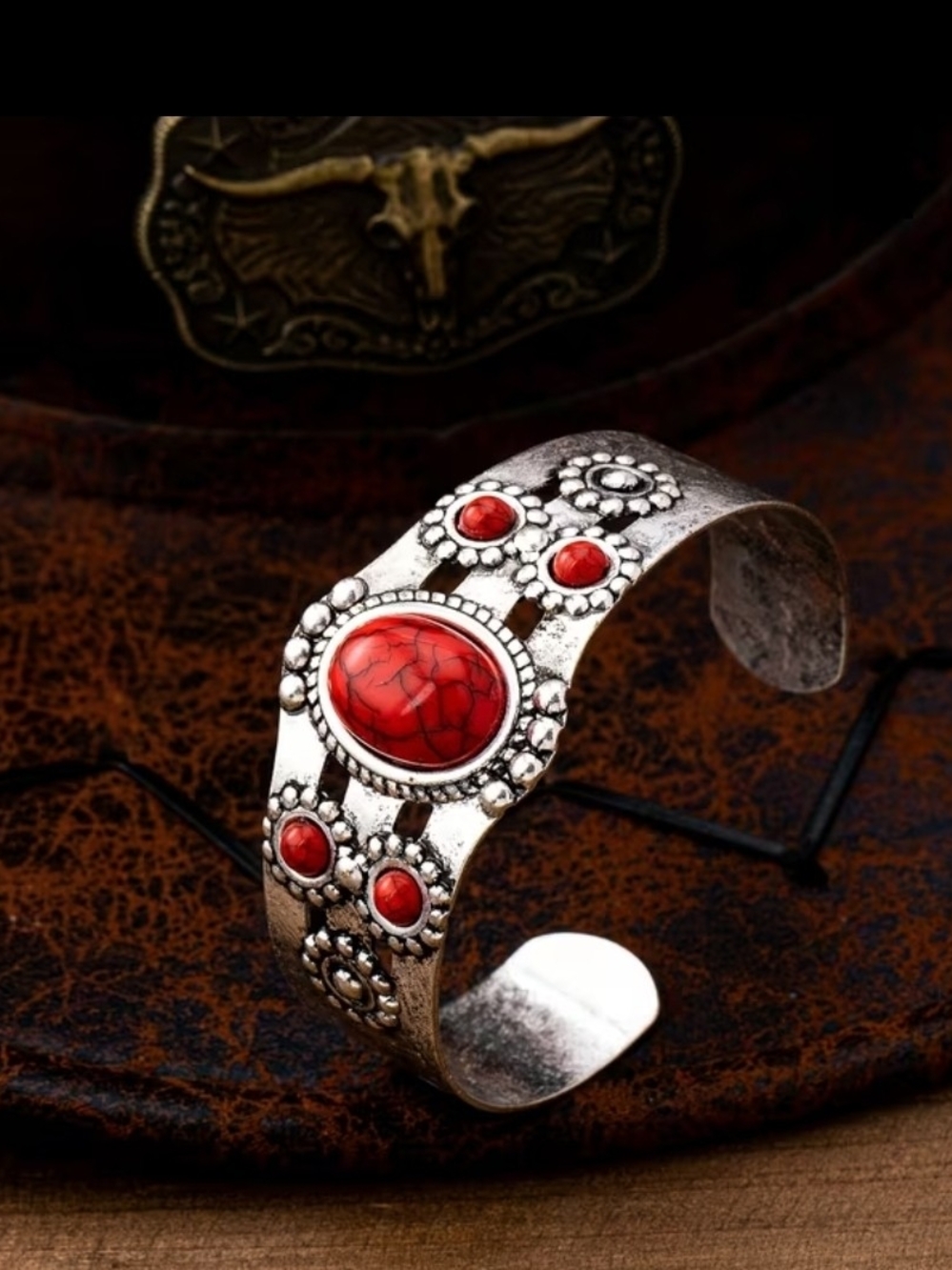 NWOT Silver-Tone Red Stone Floral Cuff Bracelet - Women Jewelry.